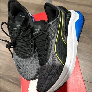 Puma Boys Black and Gray Athletic Shoes with Blue Highlights